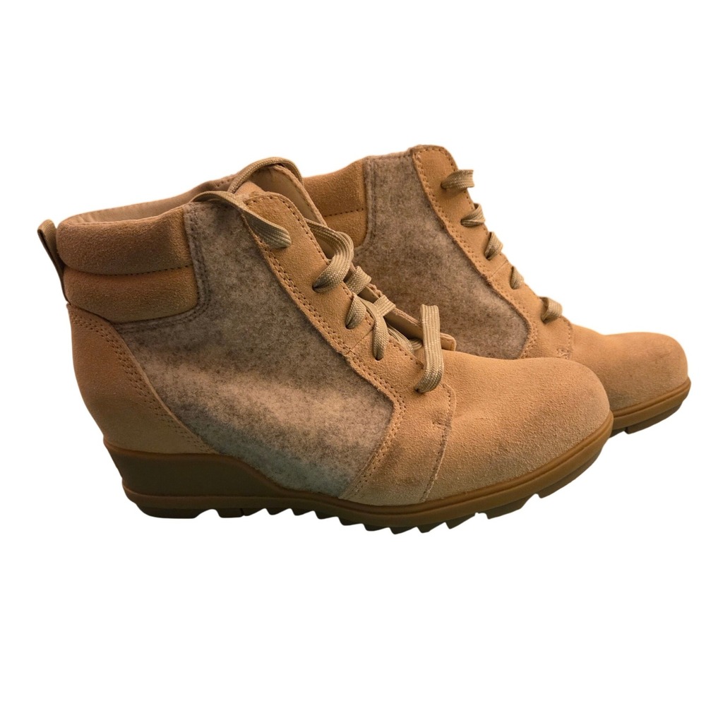 Sorel Evie Sport Lace Wedge Boots Tawny Buff Tan Suede NL4926-209 Womens 8